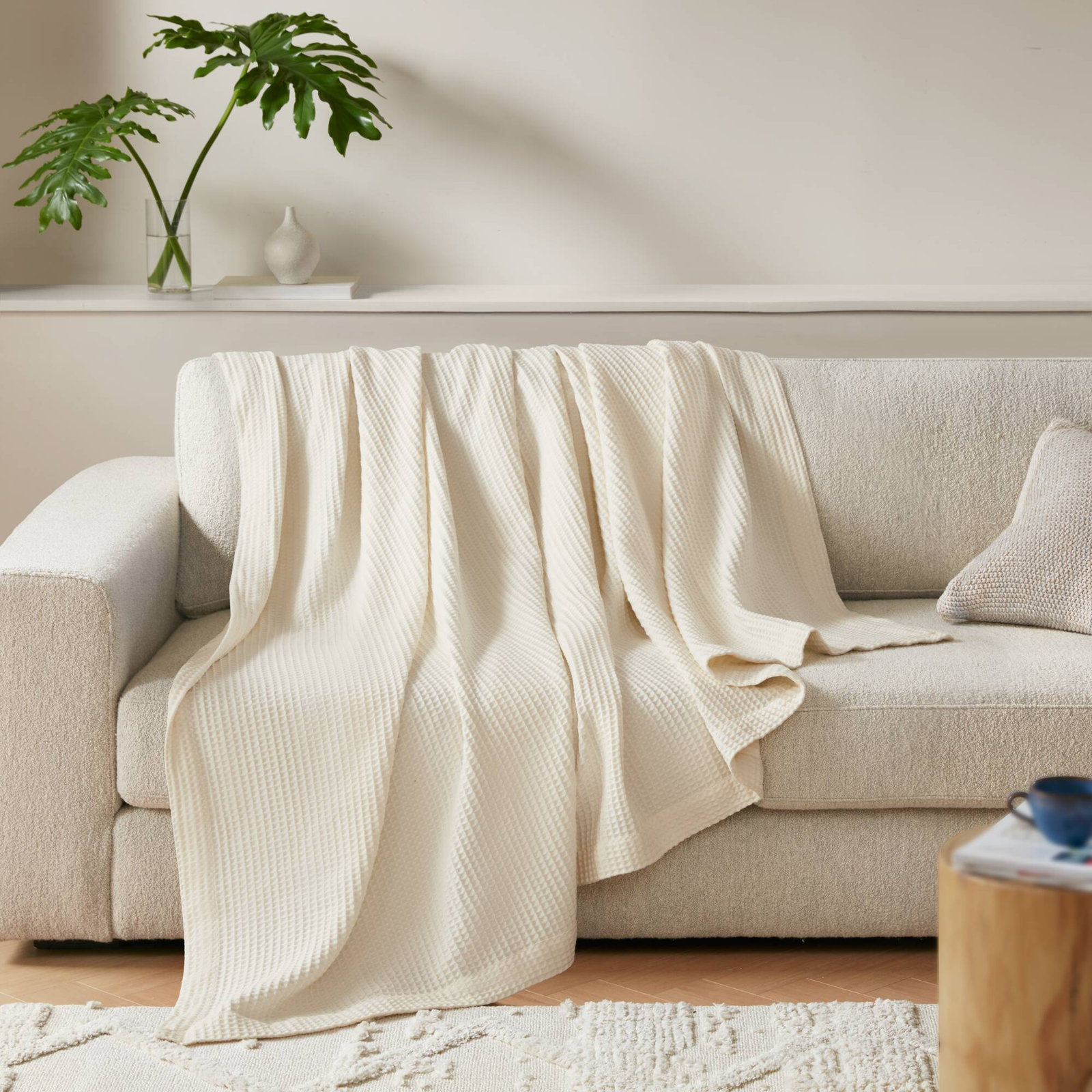 Waffle Weave Cotton Throw Blanket, King, Ivory