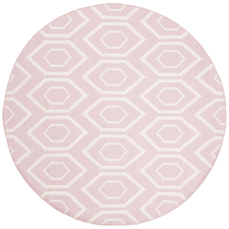 Waukena Hand Woven Flat Weave Wool/Cotton Geometric Rug in Pink/Ivory, Round 6'