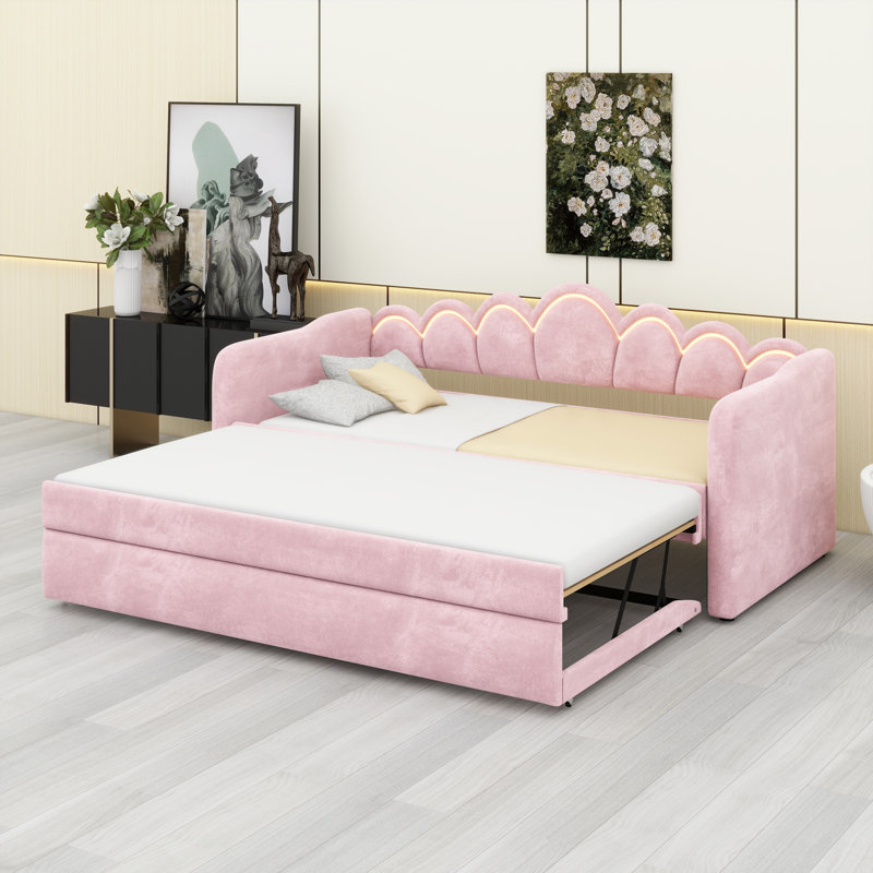 Modern Daybed Featuring Ambient LED Lights and a Level-Surface Pull-Out Trundle, Pink