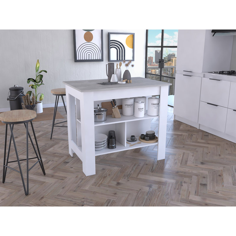 Îlot de cuisine, quatre pieds, trois tablettes, Gris clair, Blanc