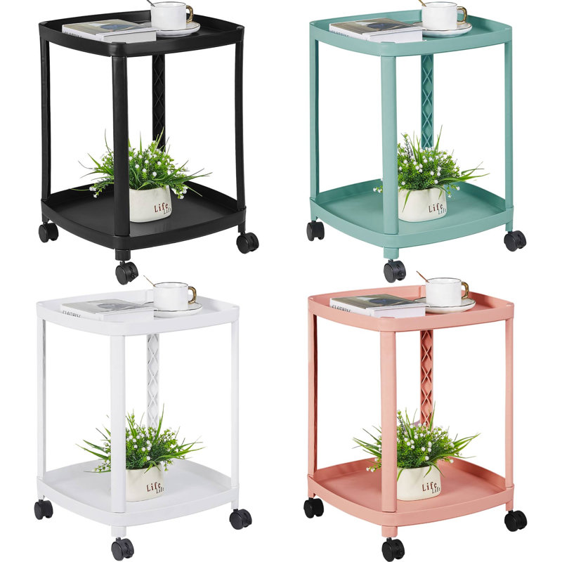 Ensemble de 4 tables de chevet avec roulettes, table de chevet en plastique à 2 niveaux avec tablettes de rangement et table de chevet mobile pour la chambre à coucher (ensemble de 4)