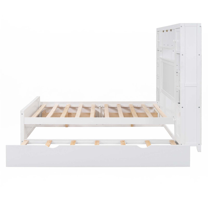 Wooden Bed With Sockets And Trundle, Full, White
