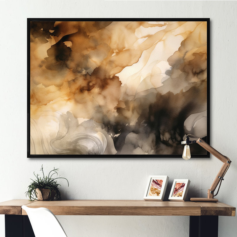 Brun et crème - Fluidité abstraite - art mural abstrait, Cadre flottant noir, H 34 po x l 44 po x P 1,5 po