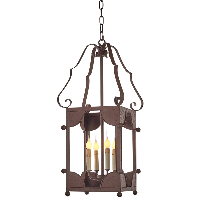 Chelsea 4 - Light Lantern Square Pendant with Wrought Iron Accents, Rustic Brown, 13" L x 13" D x 29" H