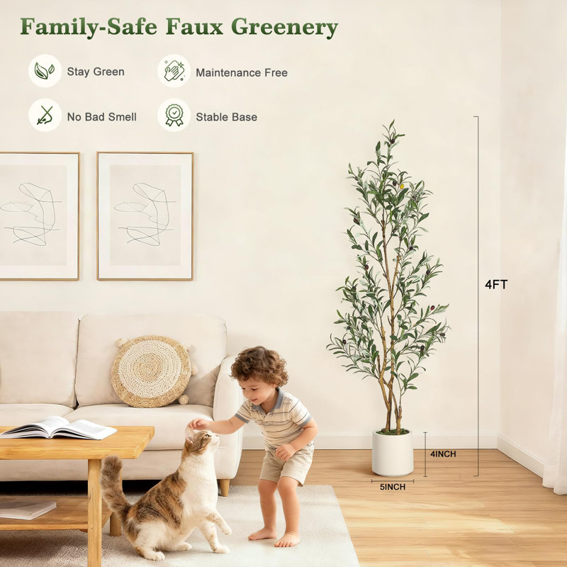 Olive artificielle avec feuilles en fausse soie et fruits réalistes, tronc en bois naturel, pot en céramique avec mousse verte