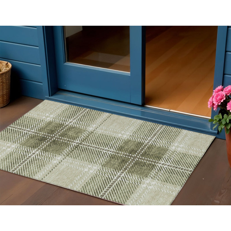 3' X 5' Artichoke Green Brown And Ivory Plaid Washable Indoor Outdoor Area Rug
