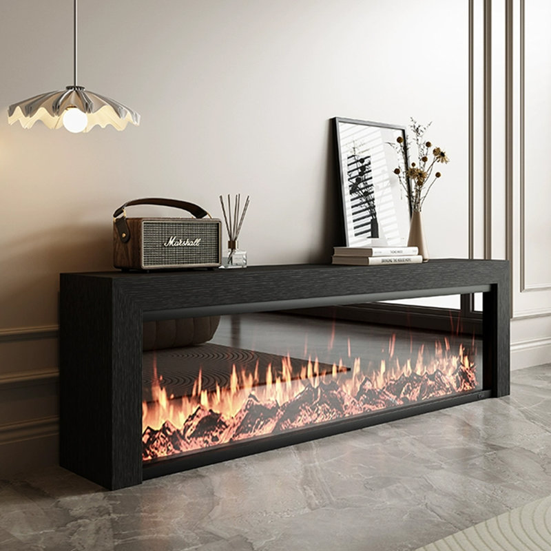 Black Solid Wood TV Cabinet Fireplace, 27.56" H x 78.74" W x 12.6" D