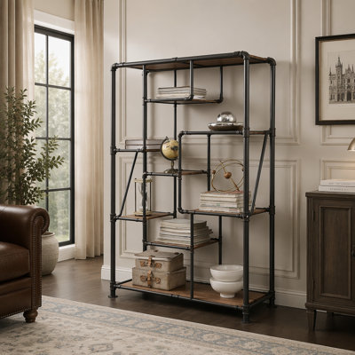 Unité de rangement à 8 tablettes de style industriel: cadres en métal robustes, conception KD peu encombrante avec détails en bois