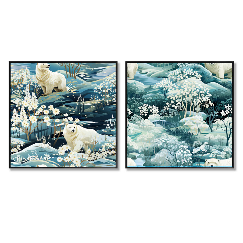 Ours polaire arctique - Ensemble de 2 animaux, Cadre flottant noir, H 16 po x l 33 po