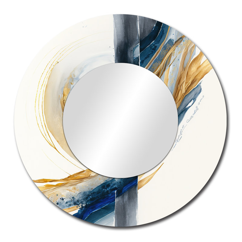 Peyo Blue And Gold Swirl Abstract V - Abstract Spirals Large Wall Mirror, Modern Round Decorative Mirror, Printed Metal Art