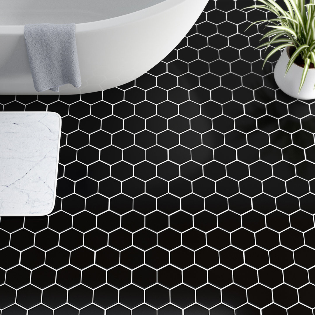 Metro Super 4" Hex Glossy Black 10" x 11-1/2" Porcelain Mosaic Floor and Wall Tile Merola Tile