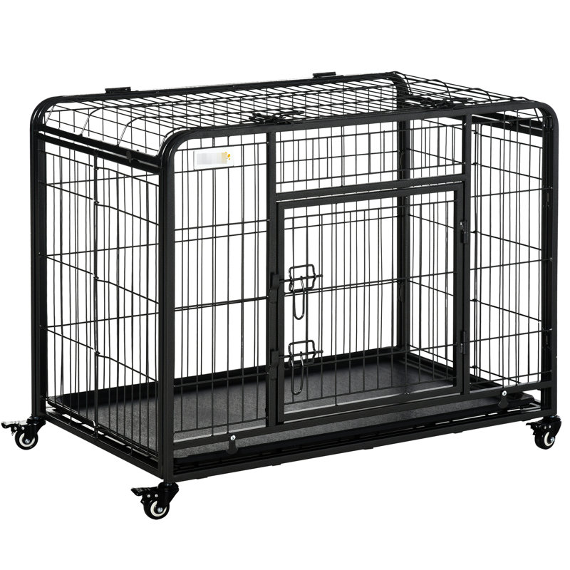 Chenil en métal pour chien avec plateau amovible, housse et 4 roues verrouillables, 37 po pliable gris foncé pour cage d'exercice pour animaux de compagnie, gris, housse de plateau, roues
