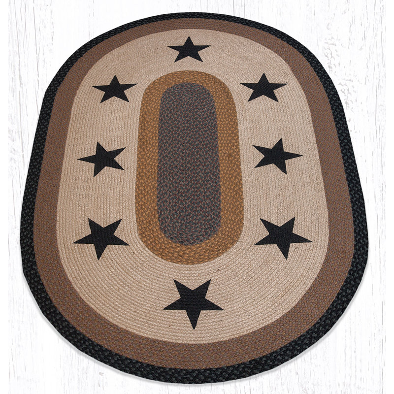Earth Rugs Oval Patch Tread Rug Black Stars Pattern, Braided Jute, Rustic Americana Accent Rug, Oval 4' x 6'