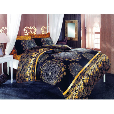Cotton Ranforce Quilt Cover Set, Black & Yellow, 53.1 x 78.7 inches | Includes 31.5 x 31.5 inches Pillowcase | 100% Cotton, 140 Thread Count, Machine Washable, Elegant Design with Button Closure