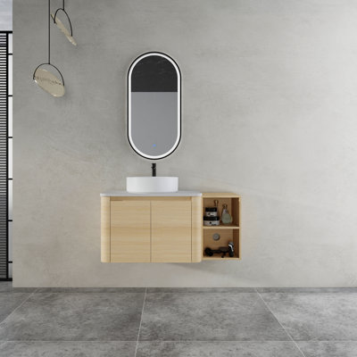 Meuble-lavabo mural 42 po avec lavabo d'art en céramique et 1 tablette de rangement, 2 portes à fermeture douce, emballage KD, contreplaqué