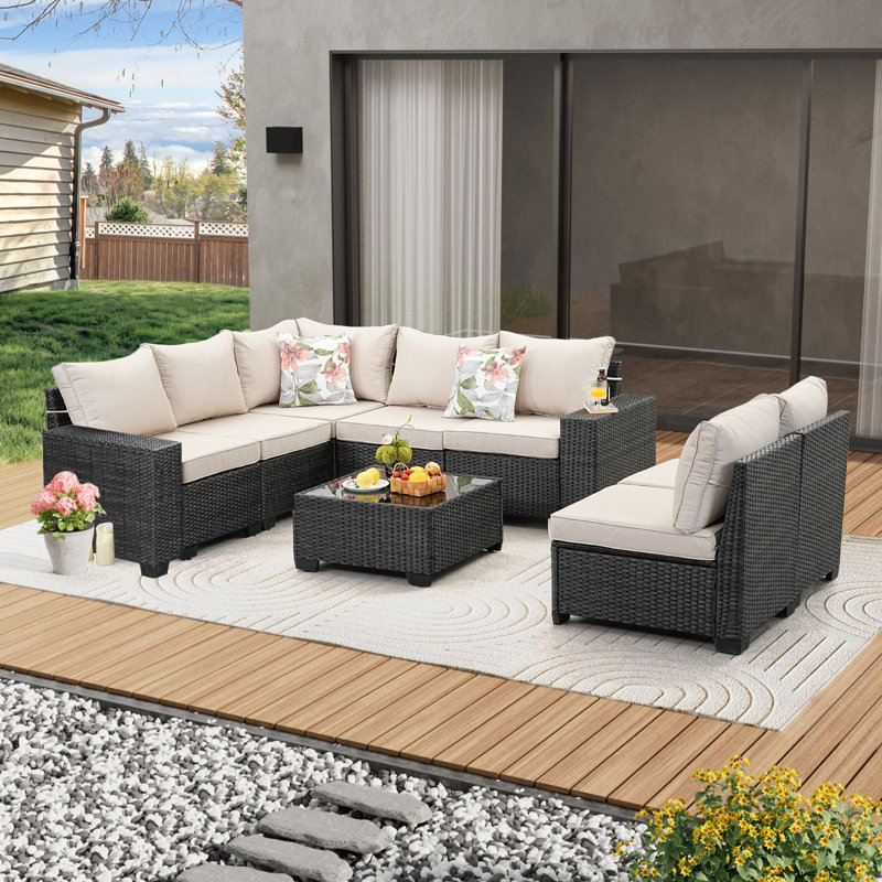 Ensemble de meubles de patio 8 pièces Canapé modulaire d'extérieur en osier pour conversation avec rotin, Beige