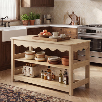 59" Farmhouse Kitchen Island, 3-tier Wood Console Table With Scalloped Edge, Open Storage Buffet Cabinet For Kitchen, Natural Light Oak
