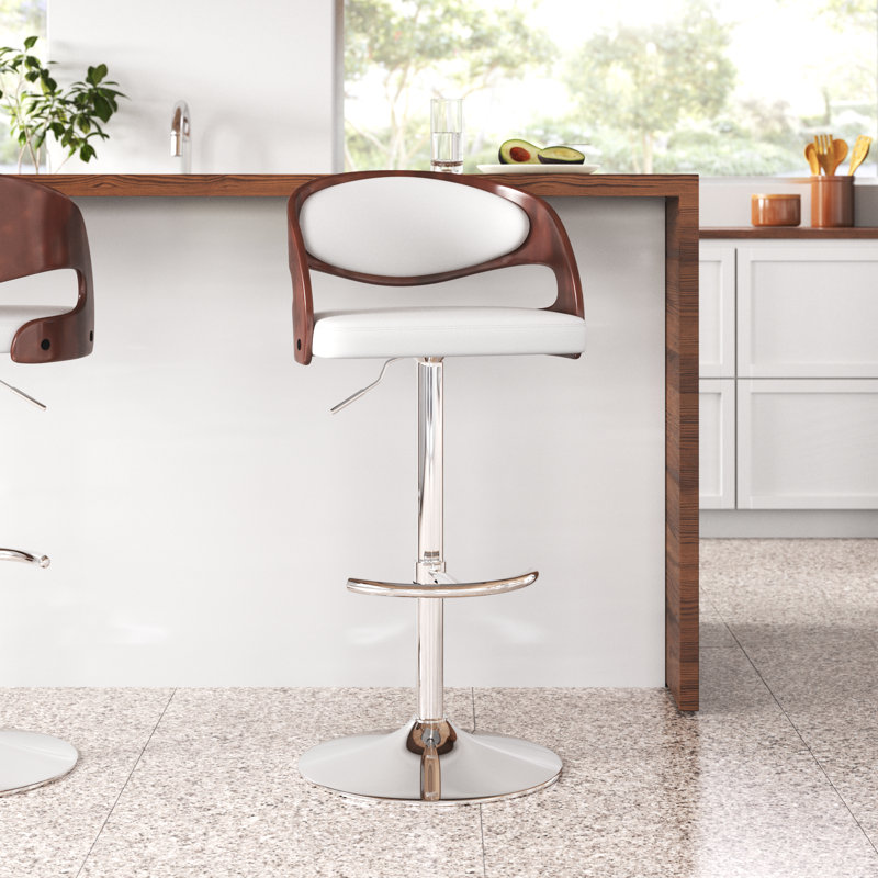 Tabouret de bar réglable Phoebe avec repose-pieds arrondis en forme de T, Acajou / blanc