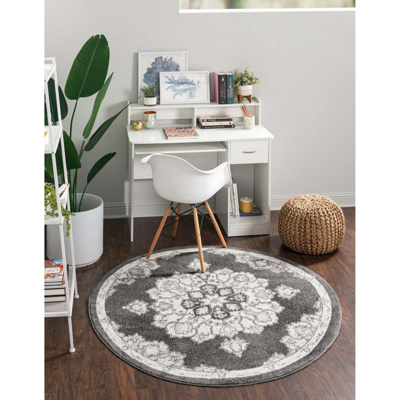 Tapis oriental gris en polypropylène de 5 pi x 5 pi Octagon, Rond 5 pi