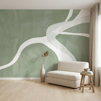 Sage Green Wallpaper White Curved Lines Removable Textured Plaster Wall Decor
