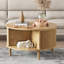 Table basse ronde avec rangement, plateau relevable cannelé, porte d'armoire coulissante, design moderne, naturel-724339466