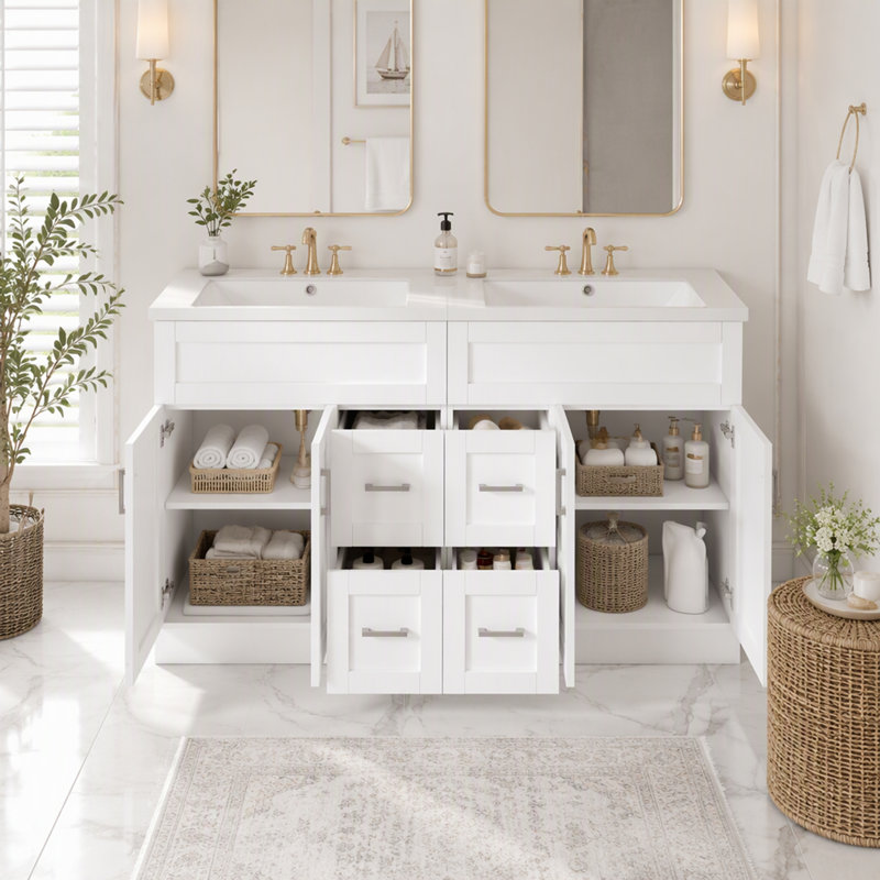 Bathroom Vanity with Top, White+Silver, Center Drawers, 60"W