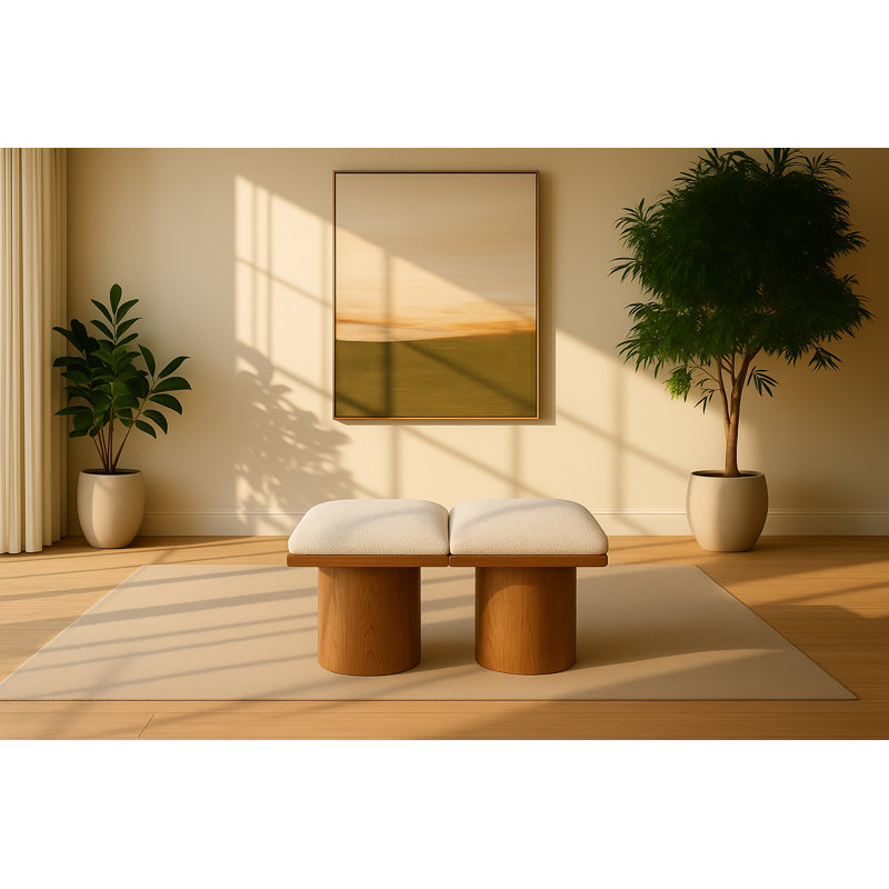Banc rembourré Husnan, H 17,5 po x l 31 po x P 18 po, Tissu crème bouclé, Noyer brun