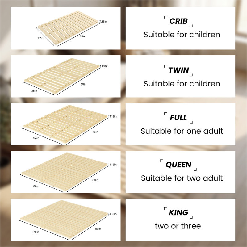 Solid Pine Wood Foldable Slatted Bed, Japanese Bed Frame, Beds Plate for Floor, Tatami Bed Board, Queen