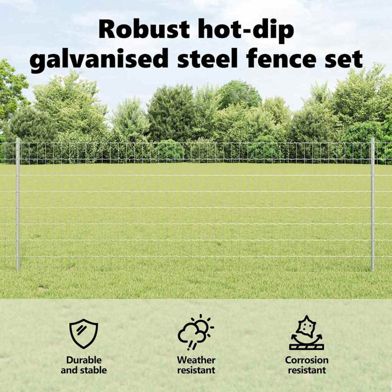 Vidaxl Fence With Posts Steel, 80cm H x 1000cm W x 2.7cm D, Silver