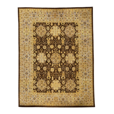 Tapis brun en laine noué à la main de conception unique 11 pi 8 po x 15 pi 5 po