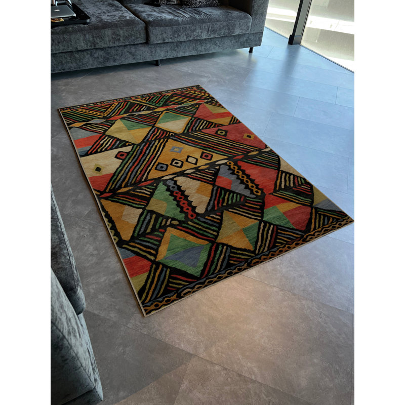 Dark-Toned Multi-Colored Spiral Mixed Geometric Rectangle Shape Patterned Modern Decorative Rug, Rectangle 5'1.02" x 7'6.55"