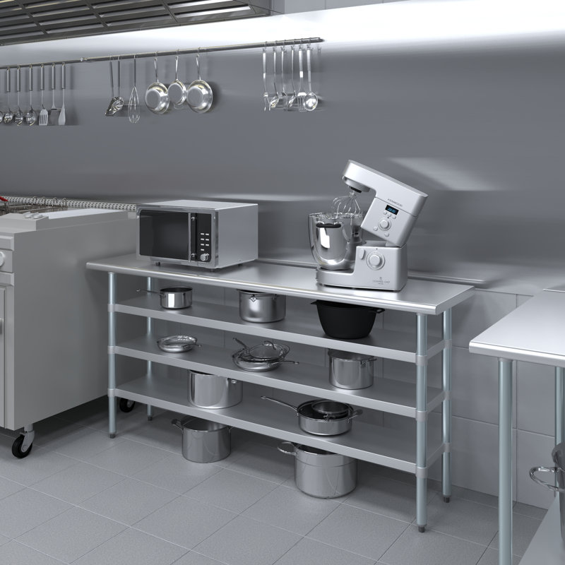 18 po X 72 po Table en acier inoxydable avec trois tablettes inférieures, P 18 po x L 72 po x H 35 po