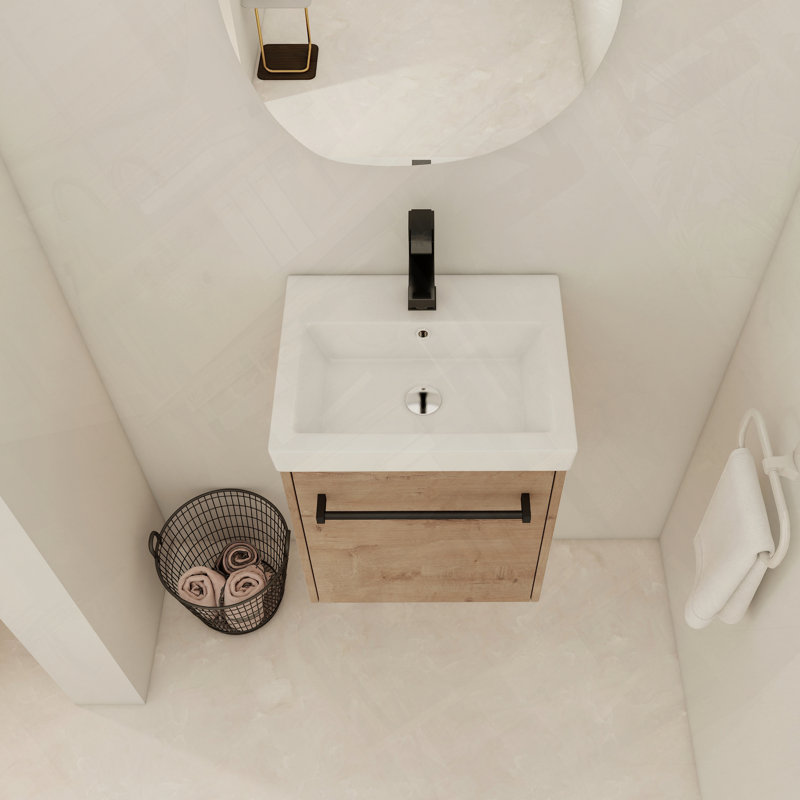 Meuble-lavabo flottant mural avec évier en céramique, Imitation chêne, 17"