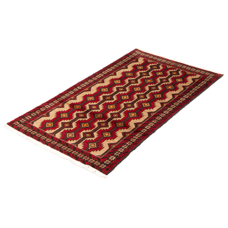 Tapis rouge / brun en laine noué à la main de conception unique 3 pi 3 po x 6 pi nouvel âge Konnor
