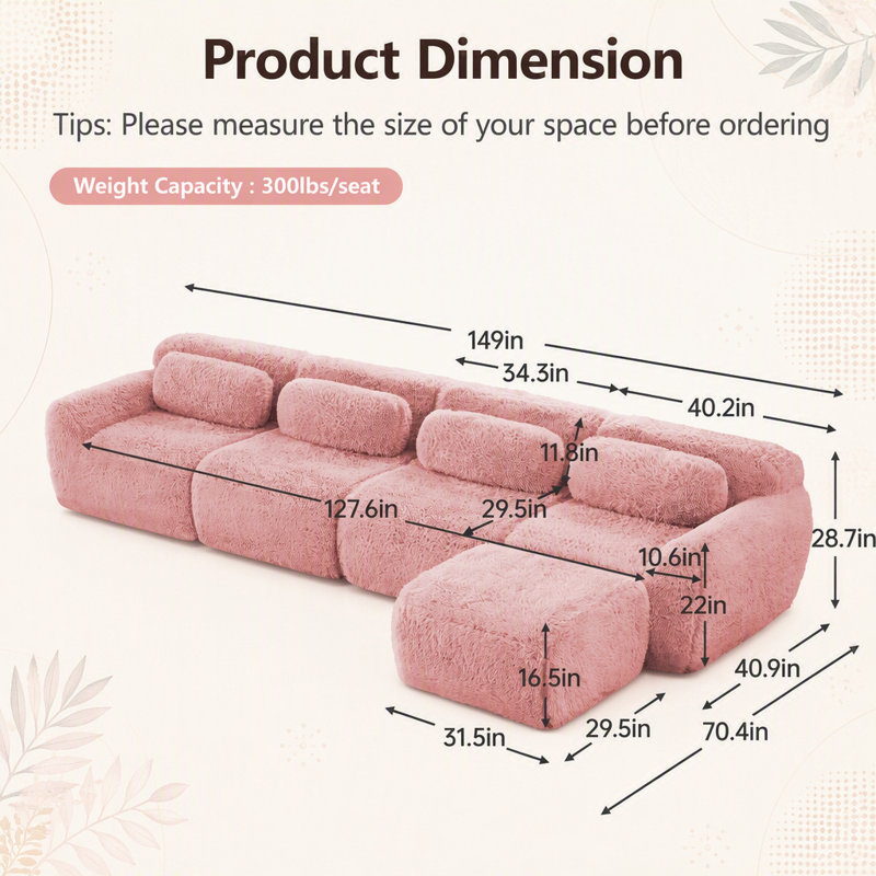 Tissu moelleux doux et moelleux en forme de L, canapés modulaires pour canapé modulaire, conception antidérapante en éponge haute densité 32D, connexion à boucle libre, aucun assemblage requis, pour les salons, rose