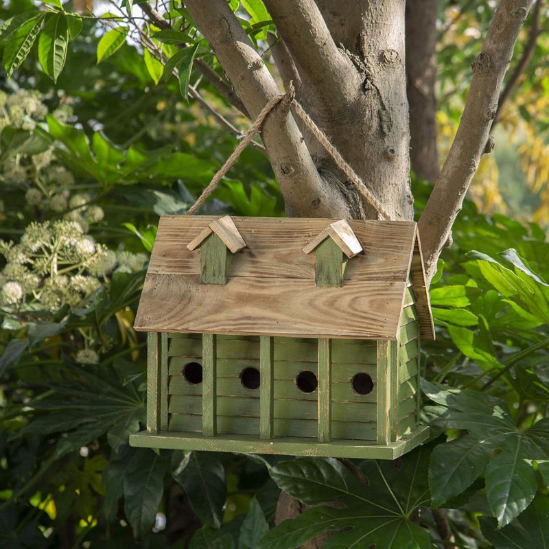 14.25" Green and Natural Wood Hanging Birdhouse