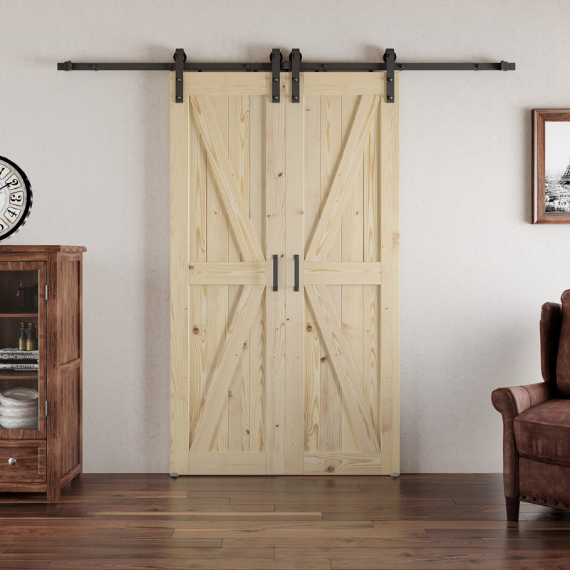 Paneled Solid Wood Unfinished Double Barn Doors with Installation Hardware Kit, 72" x 80"