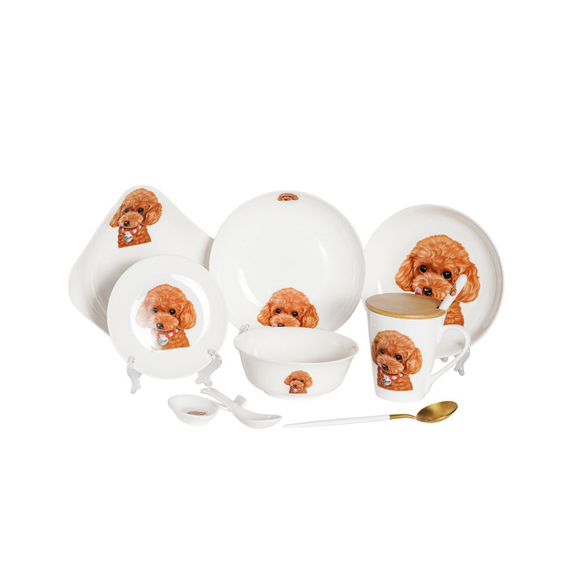 Service de table en porcelaine 11 pièces - Caniche (rouge)
