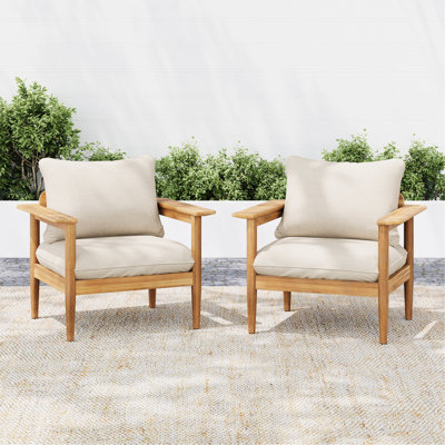 Outdoor Wood Lounge Chair Of 2 With Beige Cushions, Comfortable Seat And Back Wide For Relaxing Use, Soft Comfort