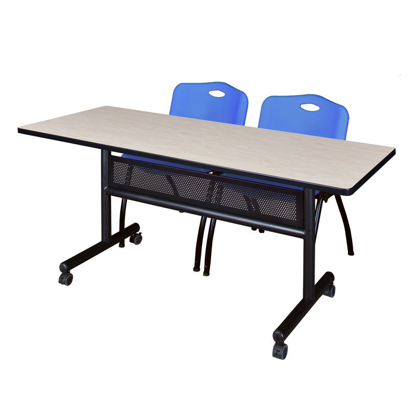 Table gigogne à couvercle rabattable Nevjana, 2 chaises empilables, Bleu, H 29 po x L 84 po x l 24 po, Cerisier