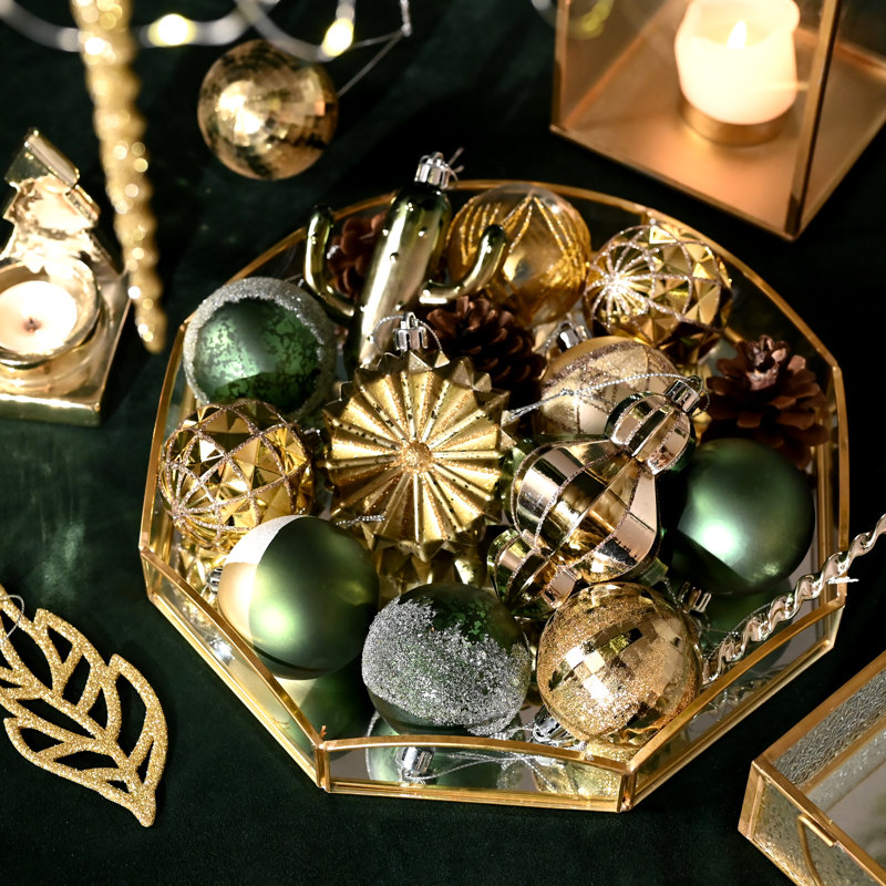 100ct Green and Gold Shatterproof Plastic Christmas Ornaments Set