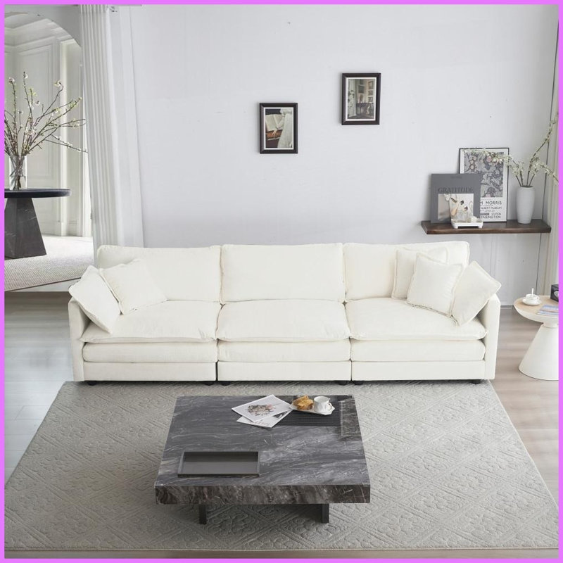 Canapé en chenille 3 places Mid-Century moderne avec 5 coussins - blanc, salon polyvalent et confortable