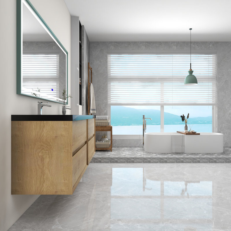 Ensemble de meuble-lavabo double mural 84 po Calarco Kody, Chêne blanc