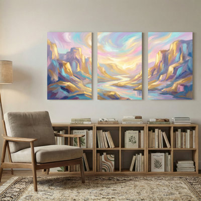 Paysage abstrait de montagne avec ciel pastel et reflet, ensemble de 3 impressions sur toile