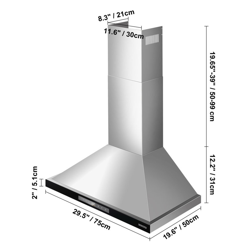 Hotte murale de 30 po pour hotte de cuisine à fixation au plafond 800 CFM et commande tactile