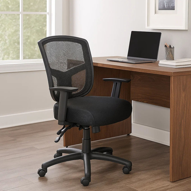 Chaise de bureau pivotante Oyo, filet noir, multi-inclinaison commerciale, roulettes