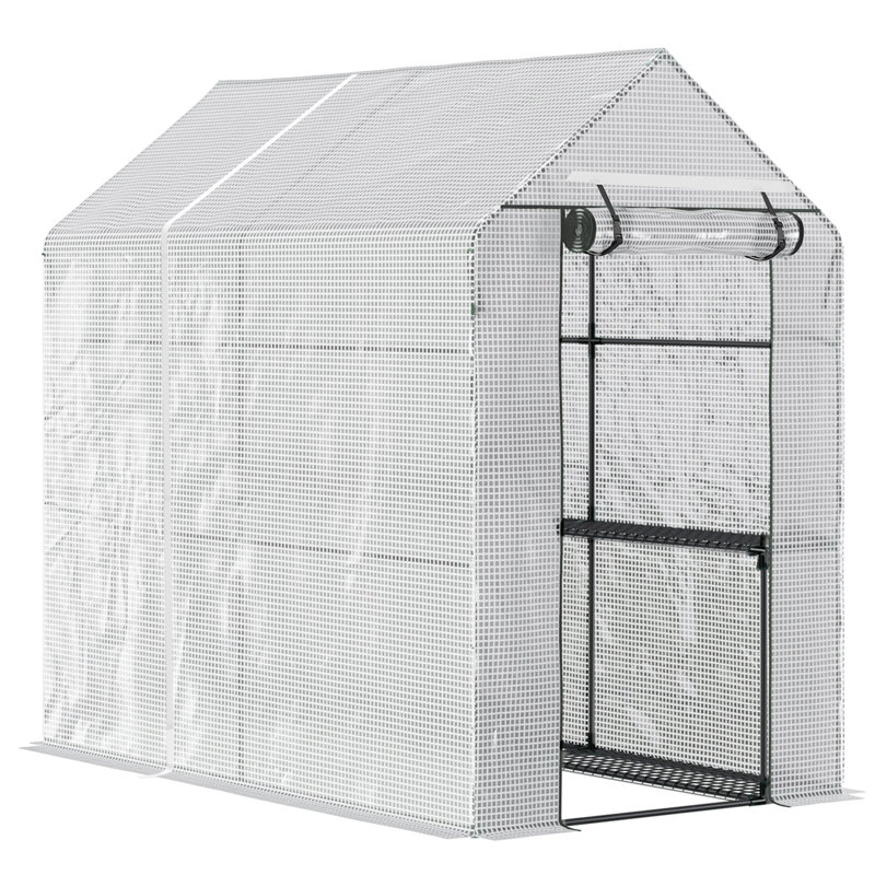 White Steel Walk-In Greenhouse with Shelves and Roll-Up Door