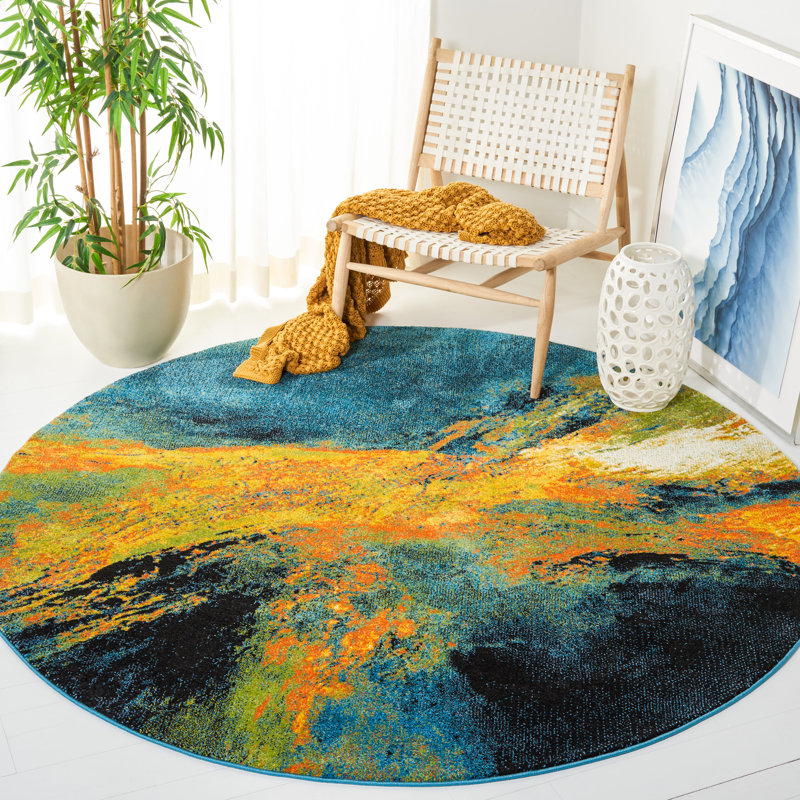 Robidoux Abstract Teal/Yellow Area Rug, Round 6'7"