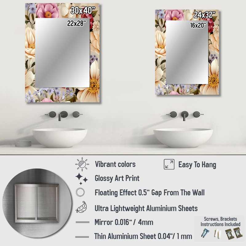 Spring Bouquet Botanical Pattern - Floral Mirror, Cottage Unique Wall Mirror, Printed Metal Art, 40" x 30"