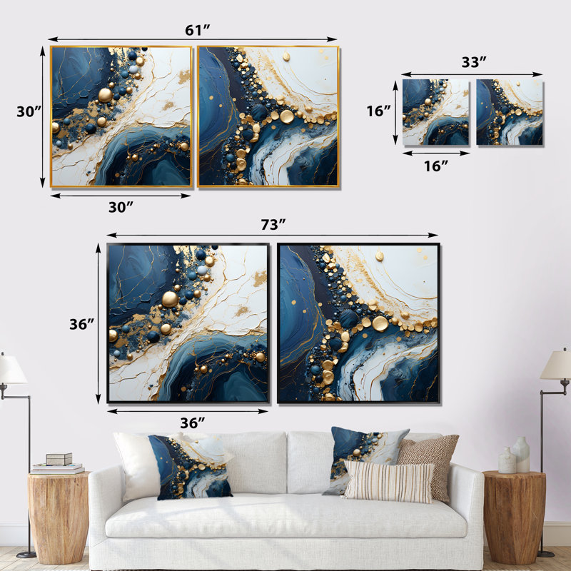 «Gold and Blue Geode», art liquide - encre liquide abstraite, ensemble de 2 impressions, Cadre noir